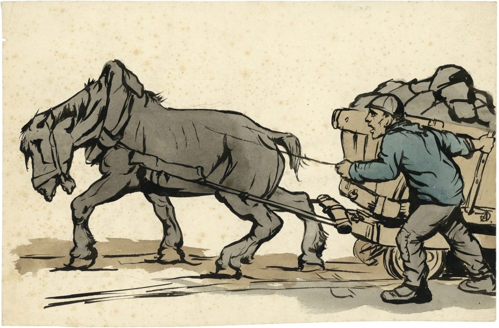 Natiepaard met wagen en arbeider
Alfred Ost (Belgian, 1884 – 1945)